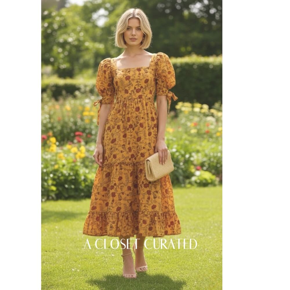 Eddy Barbara Cotton Floral Maxi Dress 14 Yellow NWT